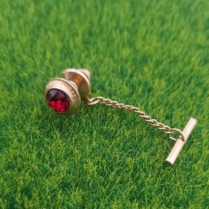 Gold Tone Chain Tie Tack with Red‎ Gem Overflow